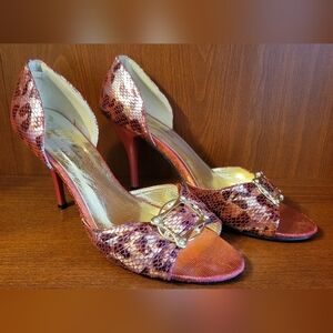 De Blossom Collection Red and Gold Peep-Toe Heels